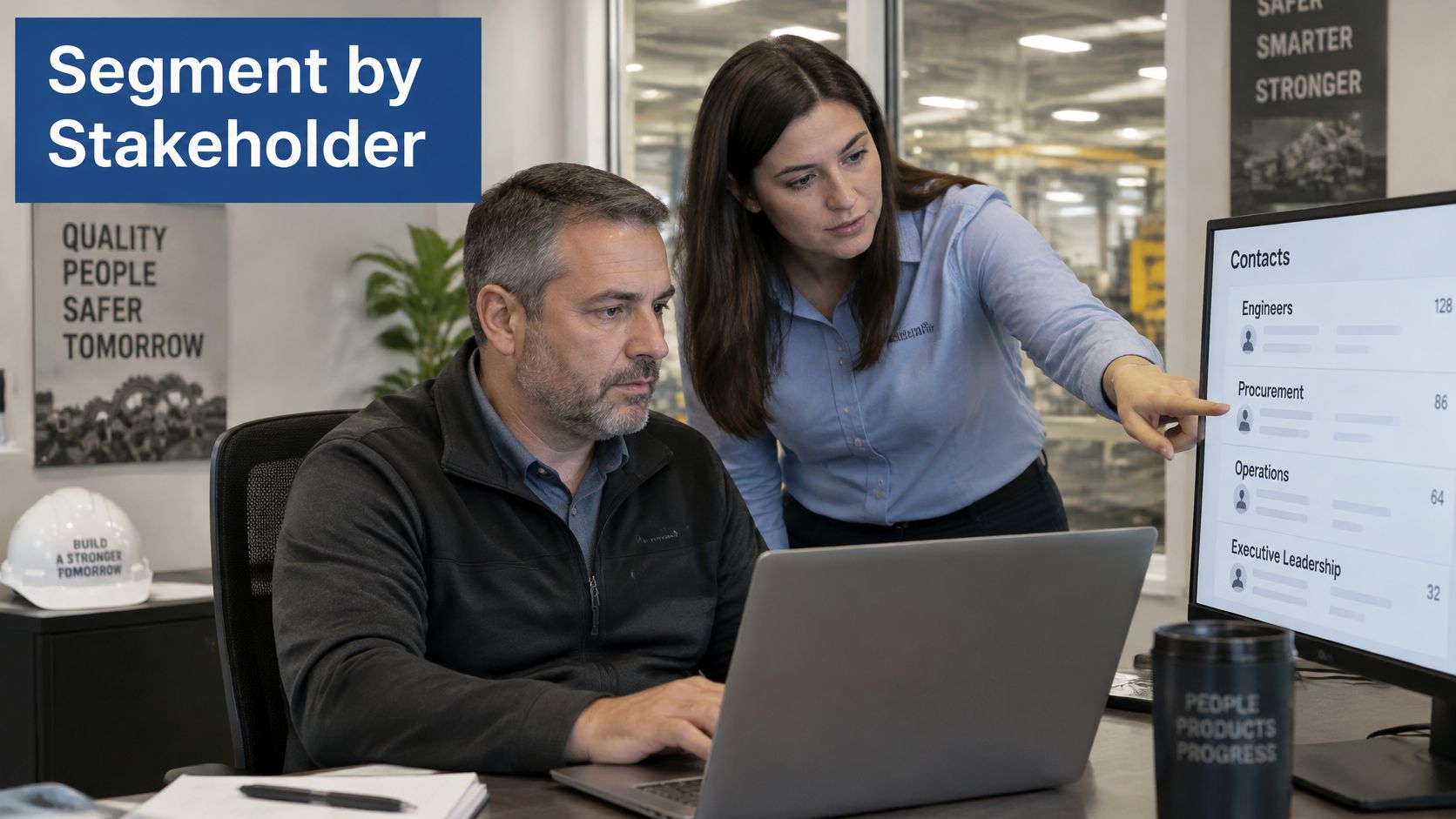 A professional man and woman collaborating in an office while reviewing stakeholder segment data on a screen.