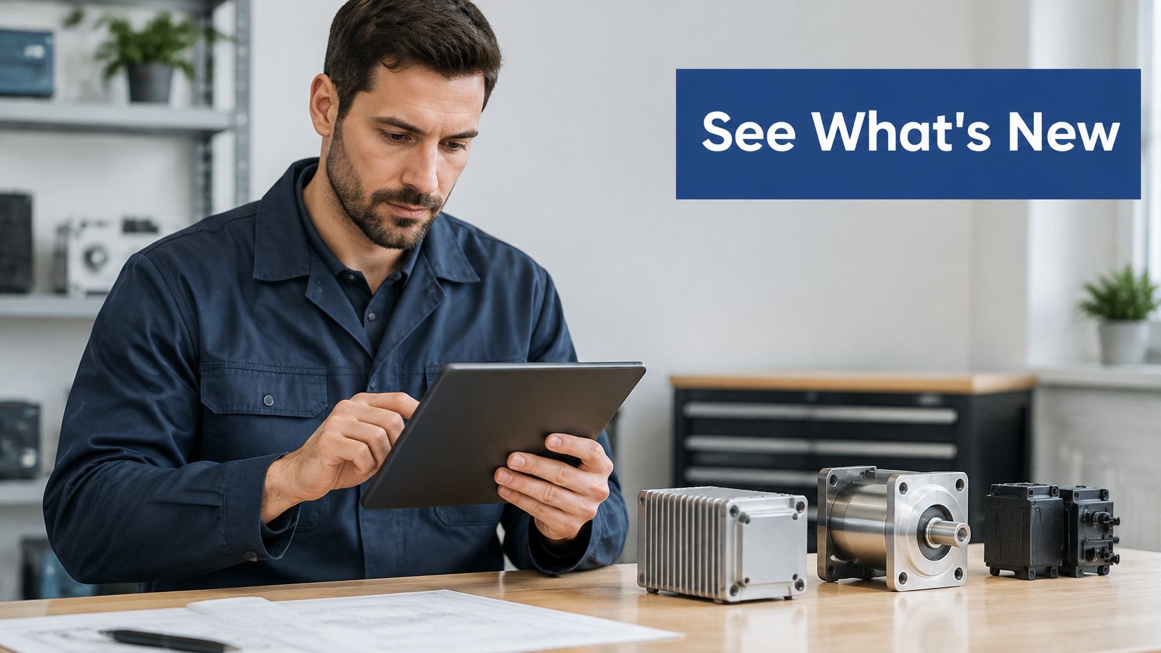A professional technician examining an industrial motor component while using a tablet at a workbench in a workshop.