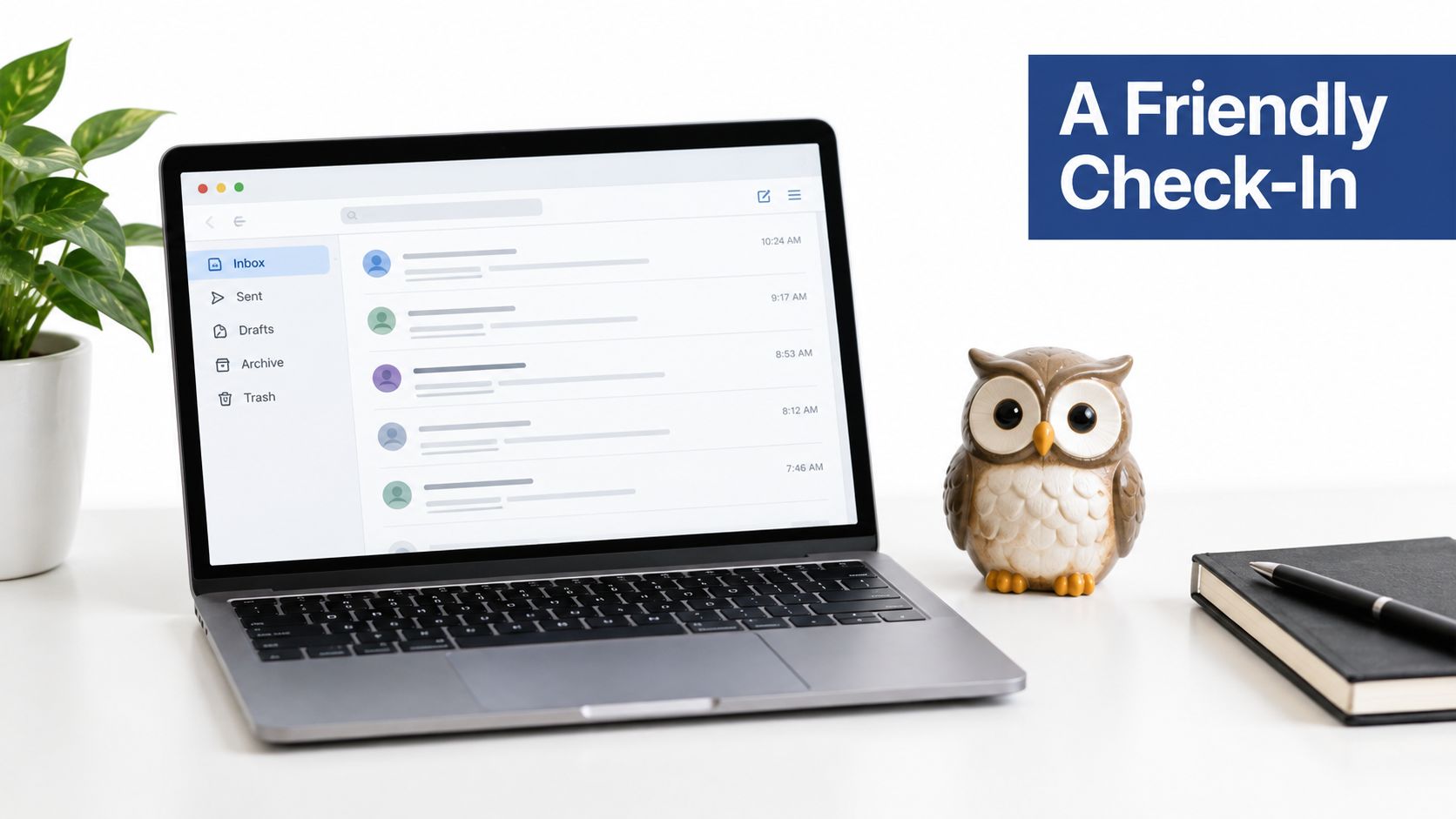 A modern laptop displaying an email inbox, a small owl figurine, and a notebook on a desk.