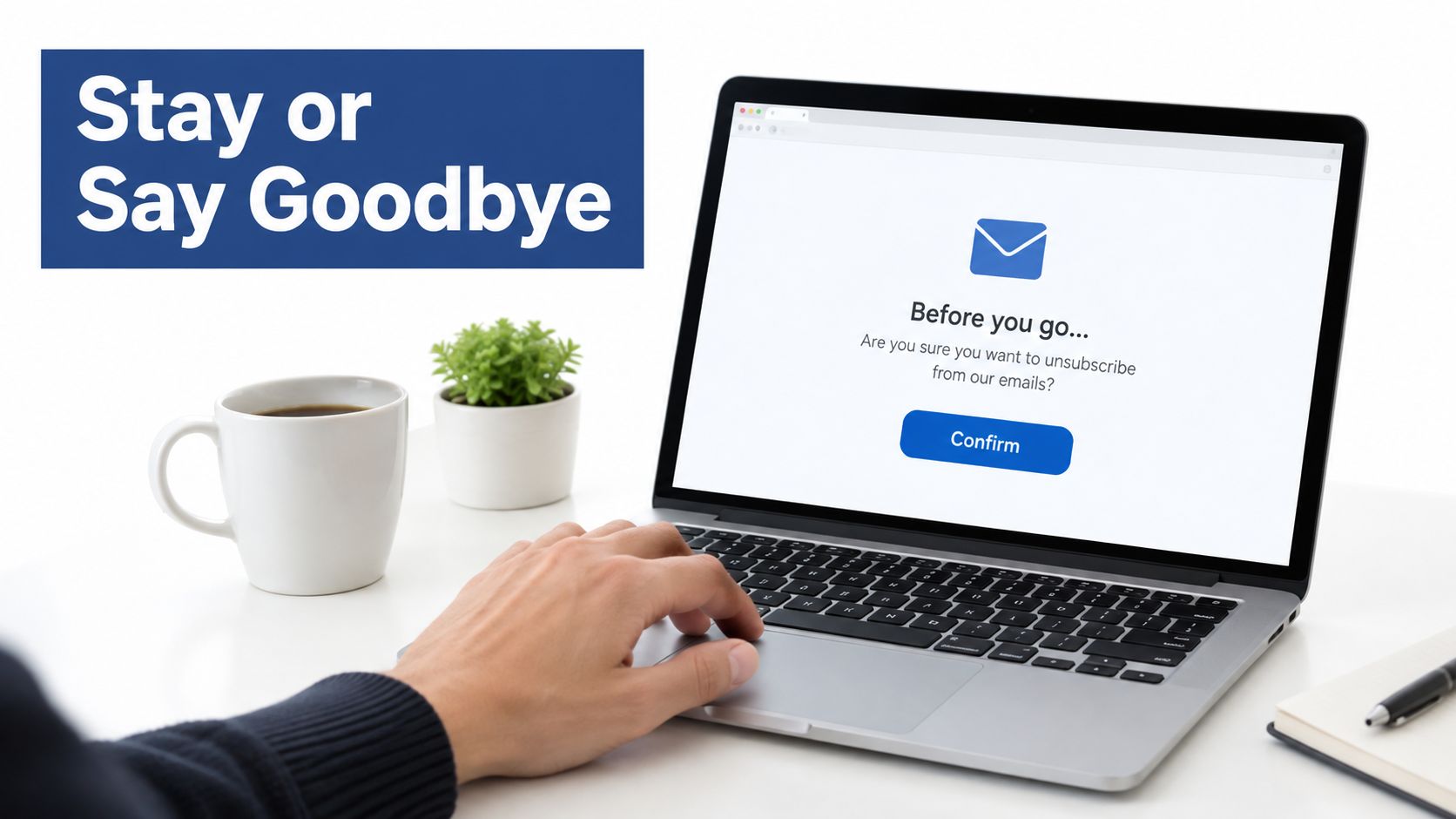 Person using a laptop to view an email unsubscribe confirmation screen while sitting at a desk.