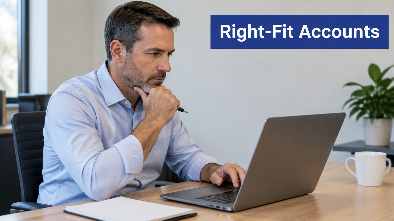A professional man sitting at an office desk while working on his laptop with a thoughtful expression.