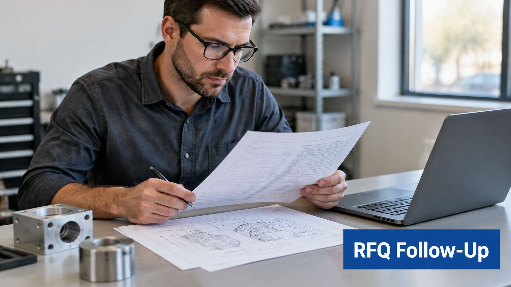 A professional man reviewing technical engineering documents at his workstation to manage his business quotation follow-ups.