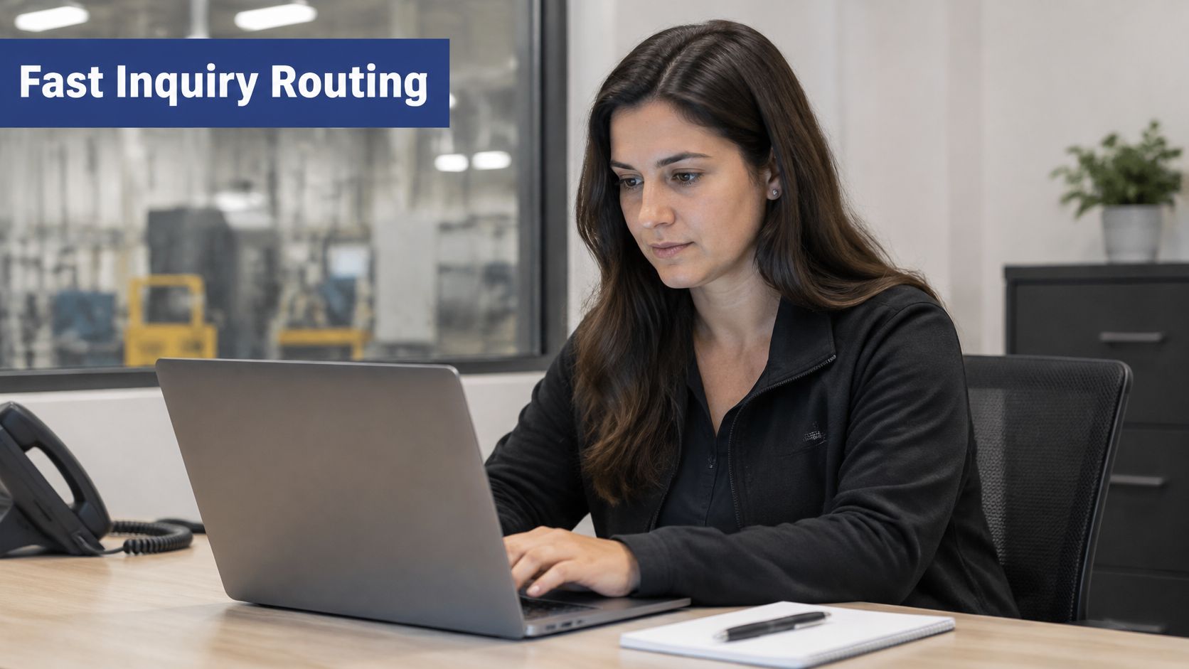 A woman working on a laptop at her desk in a modern office with an industrial background.