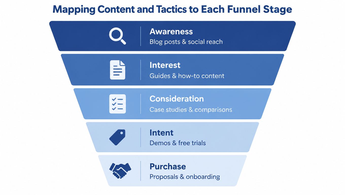 A funnel diagram mapping five customer journey stages: Awareness, Interest, Consideration, Intent, and Purchase with content tactics.