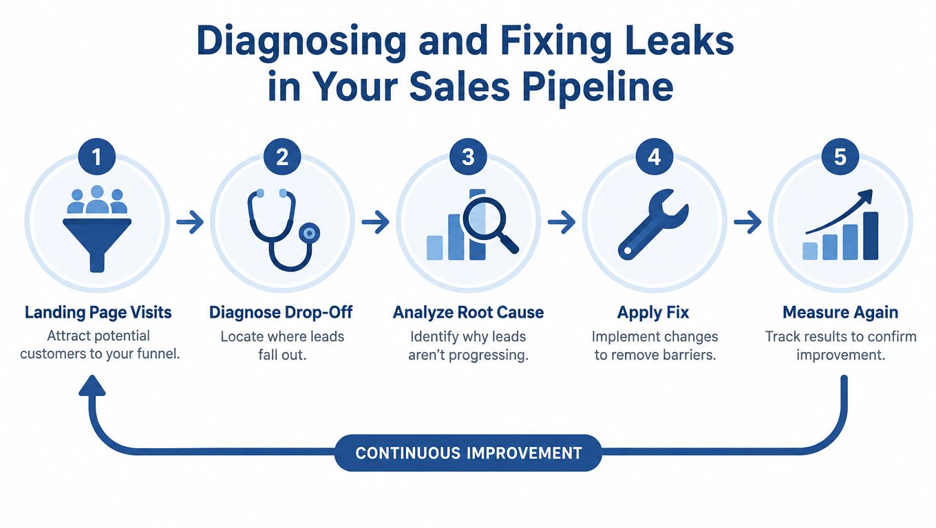 A five-step infographic showing the process for diagnosing and fixing leaks in a business sales funnel.