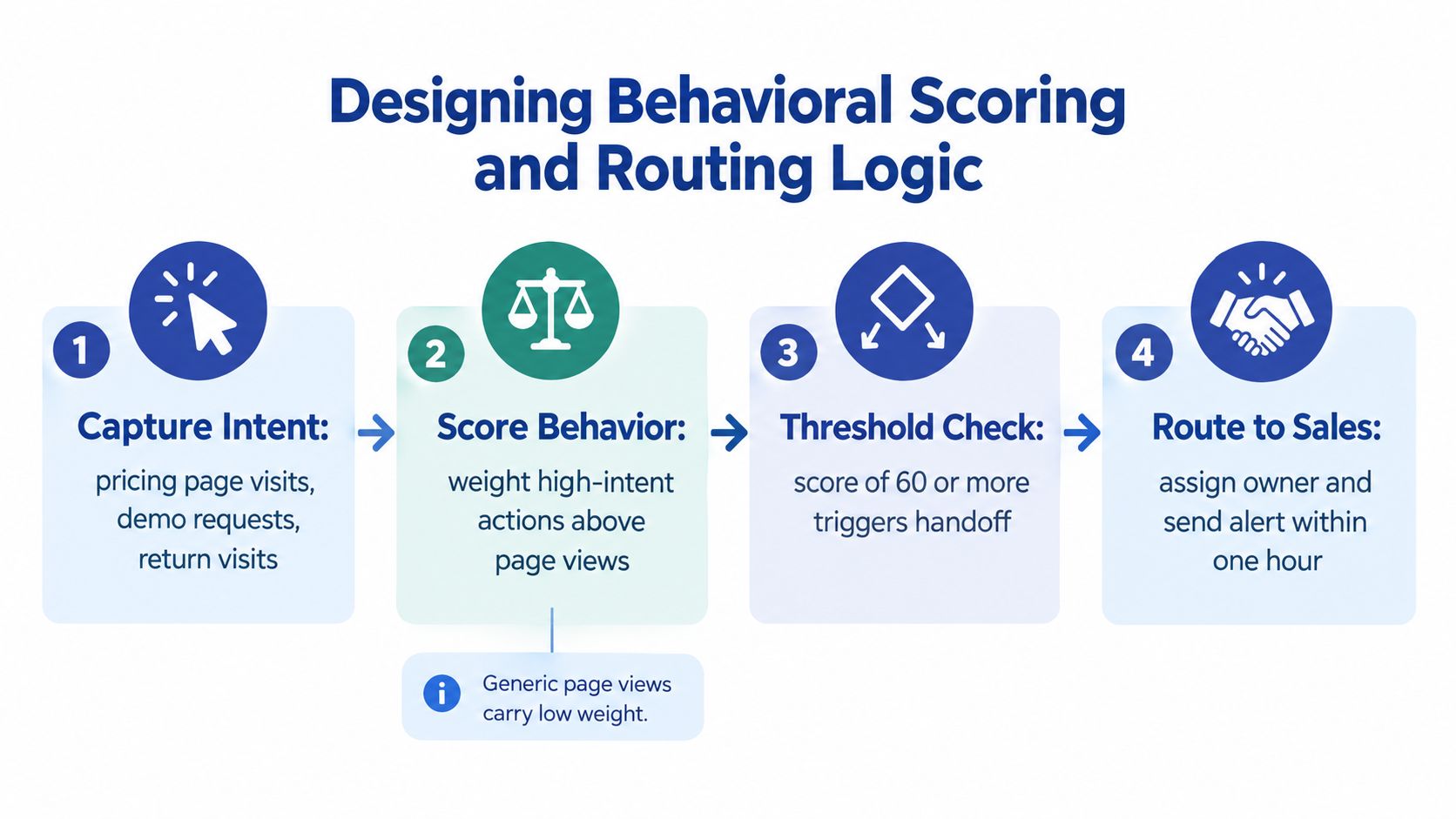 A four-step infographic illustrating the process for designing behavioral lead scoring and routing logic for sales.