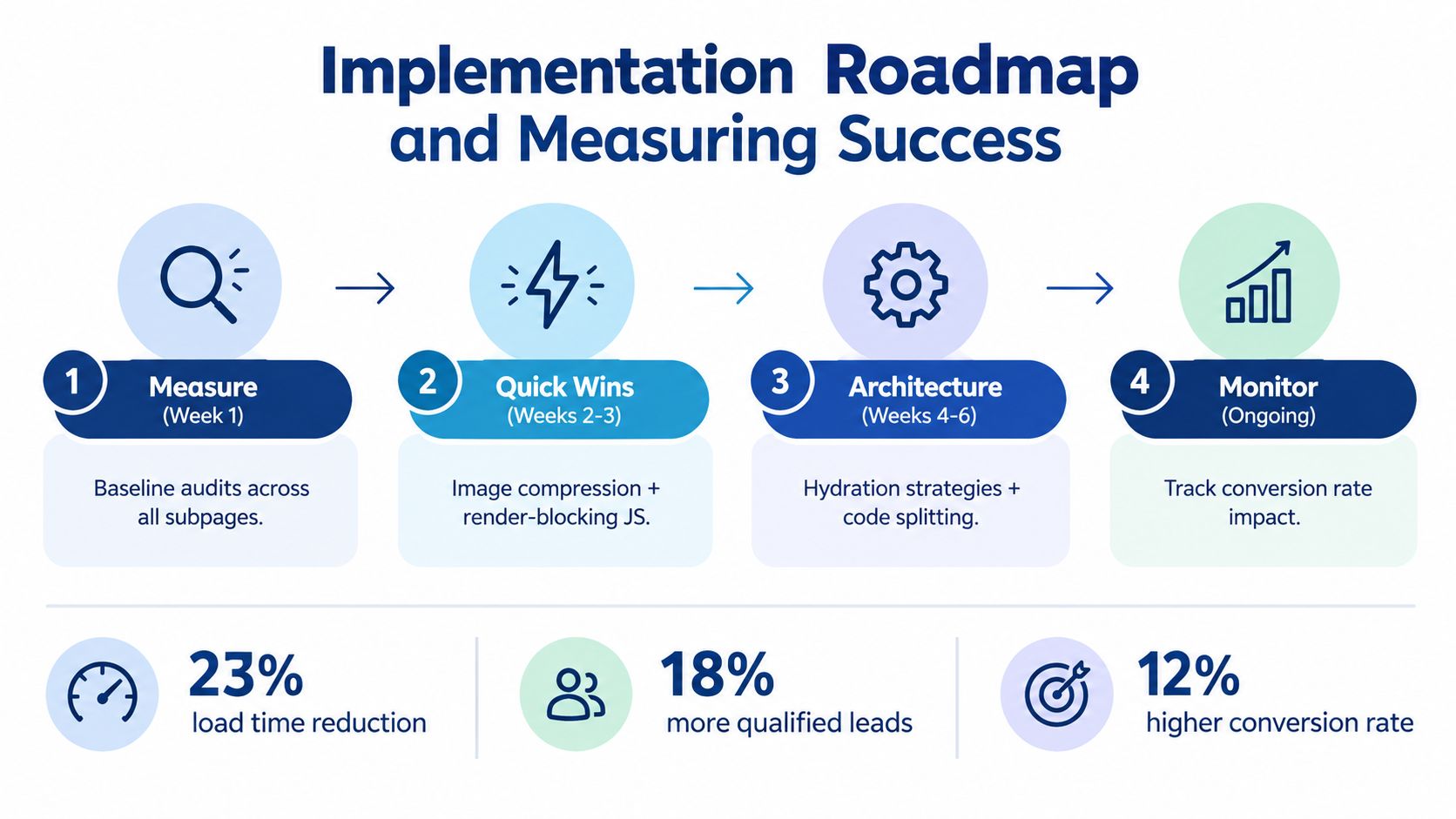 An implementation roadmap for improving website speed, featuring four strategic steps and expected performance improvement metrics.