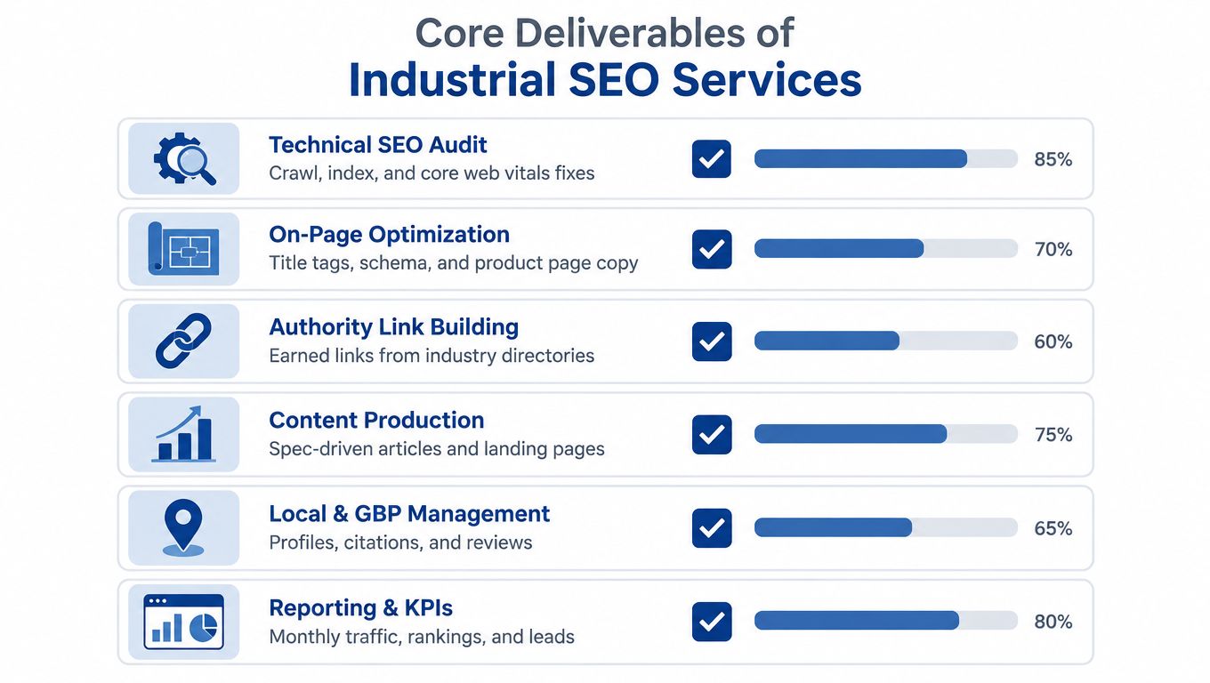 A list of six core deliverables for industrial SEO services with their respective completion percentages indicated.