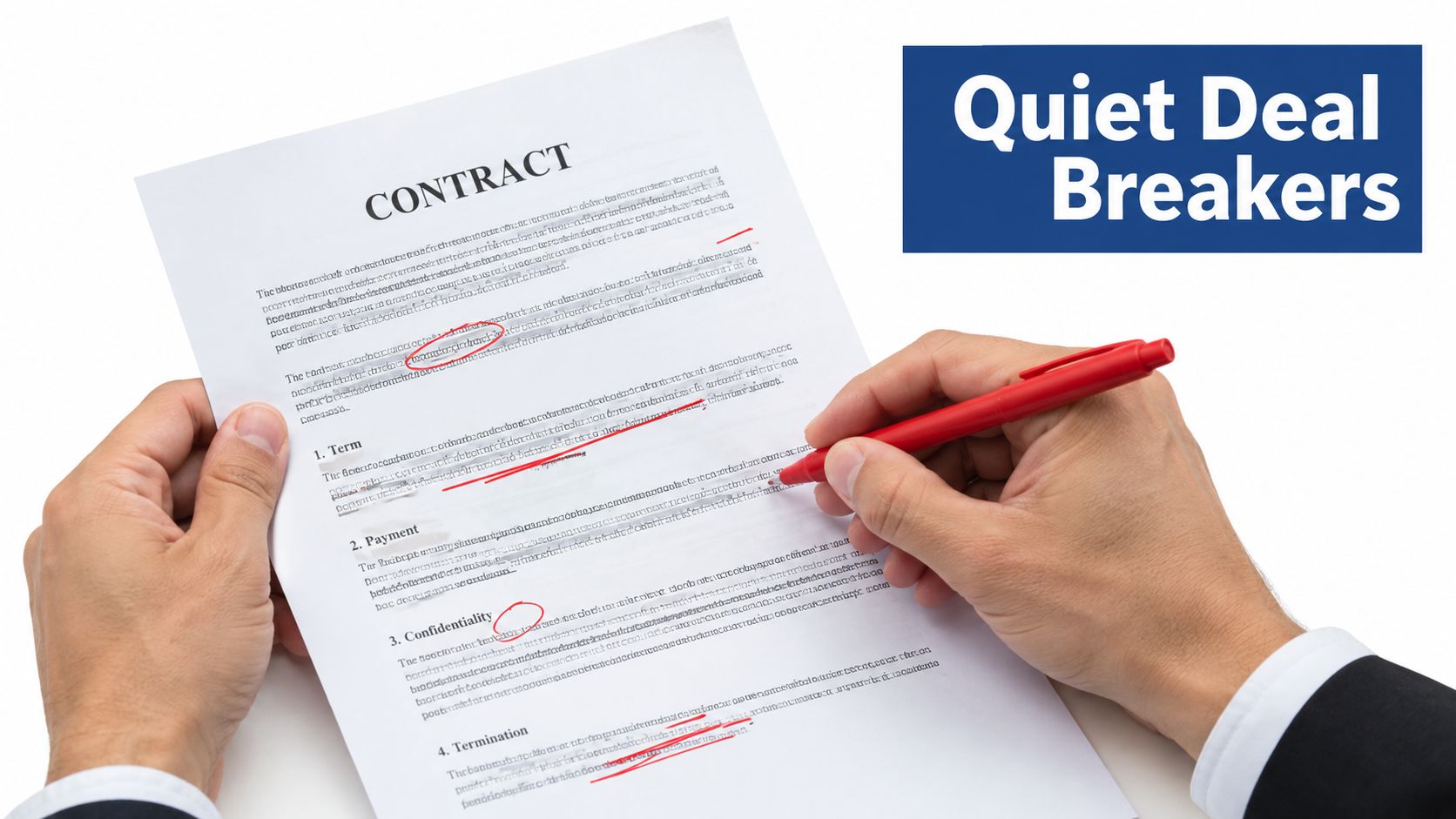 A person reviewing a legal contract with a red pen, highlighting potential issues with red circles.