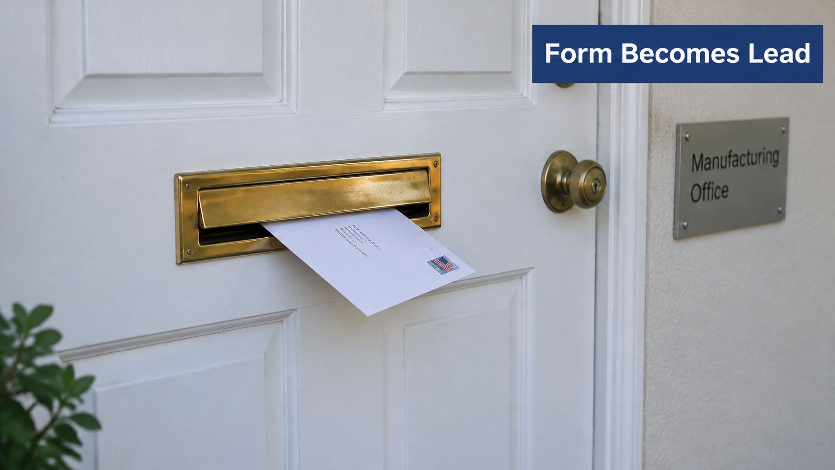 A white door with a brass mail slot containing an envelope in a professional office setting.
